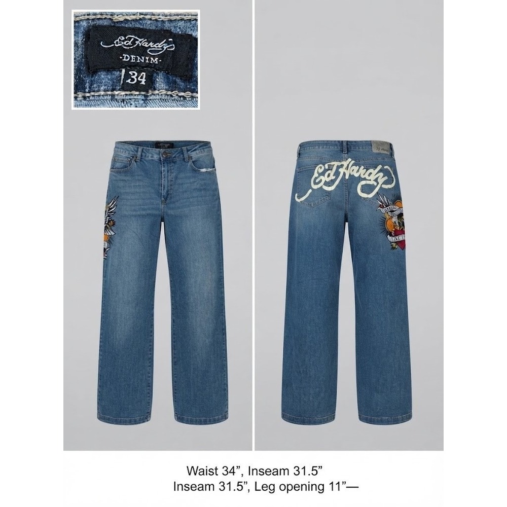 Ed Hardy Jeans Mens 34 Blue Wide Leg Embroidered Tattoo Y2K Baggy Denim